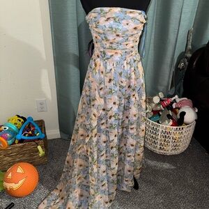 Fashion Nova Blue and Green Chiffon Maxi Dress